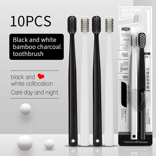 10pcs Bamboo Charcoal Toothbrushes – Soft Bristles, Black & White